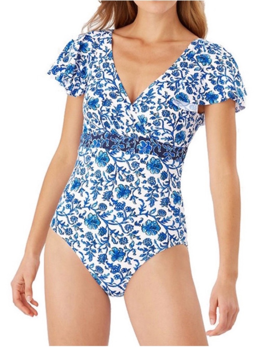 Tommy Bahama Blue Floral One-Piece Swim Suit with Ruffle Sleeves size 6